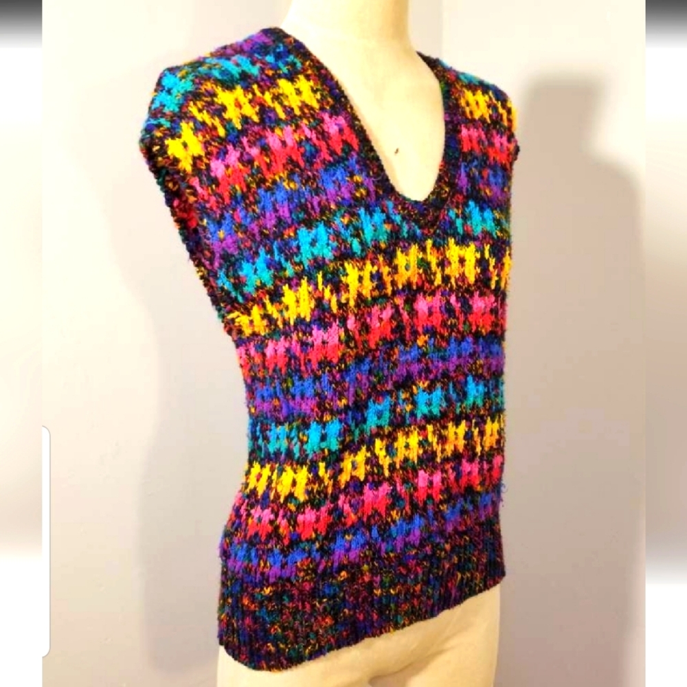 VINTAGE RAINBOW KNIT SWEATER VEST 80S RETRO PETITE FALL WINTER PREPPY SLEEVELESS